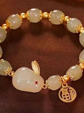 Gold & Ivory Rabbit Charm Beaded Bracelet - Women Jewelry